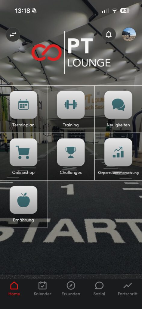 PT Lounge App mit Trainingsplan und Körperzusammensetzung